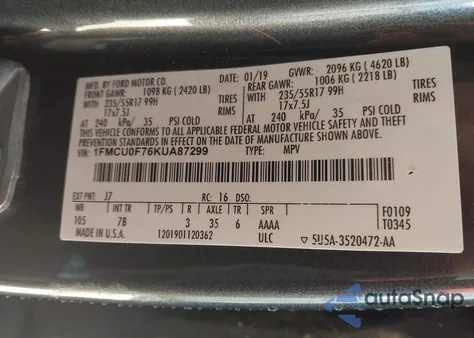 2019 Ford Escape S z USA, uszkodzony, nr VIN 1FMCU0F76KUA87299